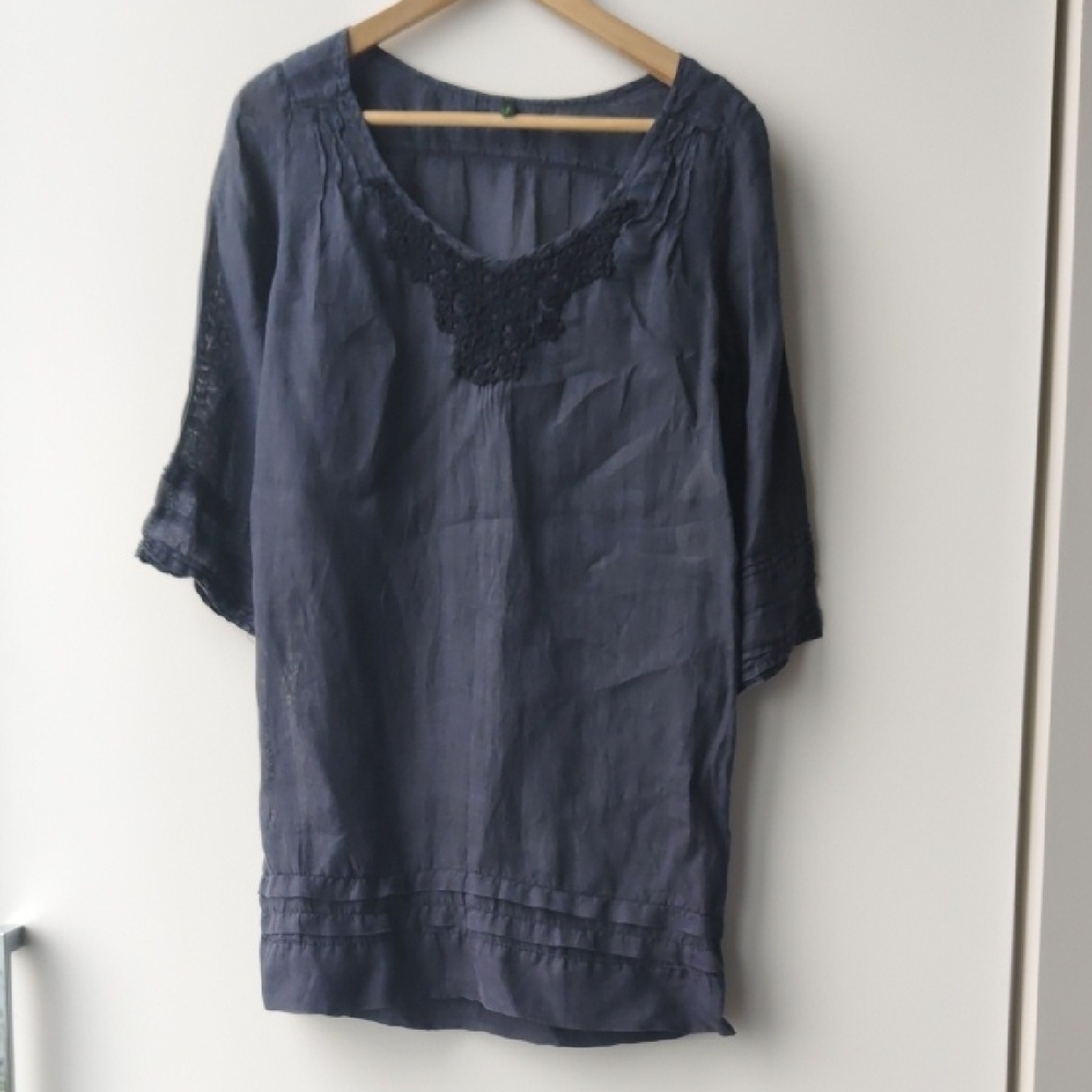 Stiles Benetton Sheer Lightweight Lace Embellished 100% Ramie Tunic Top